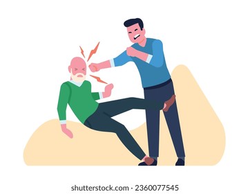 Aggressive man beating old man with fists. Males fight. Abusive communication. Grandpa falling from hit. Angry guy bullying grandfather. Elderly father and son quarrel