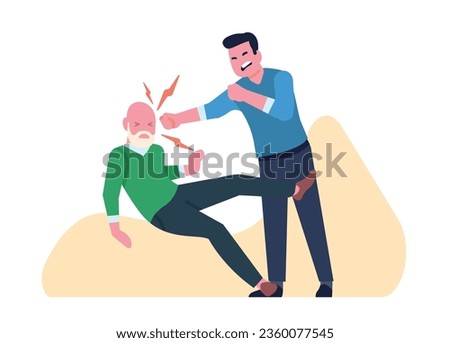 Aggressive man beating old man with fists. Males fight. Abusive communication. Grandpa falling from hit. Angry guy bullying grandfather. Elderly father and son quarrel
