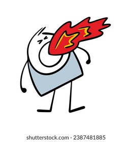 Aggressive man clenched his fists, screams loudly and spews flames from his open mouth. Vector illustration of toxic stickman, anger and red fire. Isolated cartoon on white background.