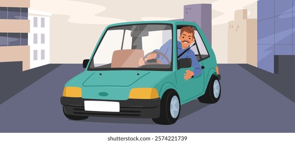 Aggressive man driver looking out window forced to stop to avoid automotive accident. Irritated guy driving automobile feeling stressful and annoyed having problem on city road vector illustration