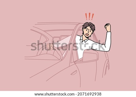 Aggressive man driver scream and shout beep in car on road. Mad male honk in horn swear and yell stuck in traffic jam. Transportation, driving problem concept. Flat vector illustration. 