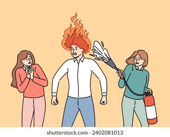 Aggressive man with flame on head stands near frightened colleagues with fire extinguisher. Aggressive manager needs training in self-control, for concept of inappropriate boss behavior svg