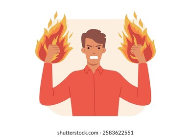 Aggressive man with flames on fists threatens and waves arms during conflict. Aggressive guy feels angry and wants to fight due to lack of agreement or toxic behavior of colleagues