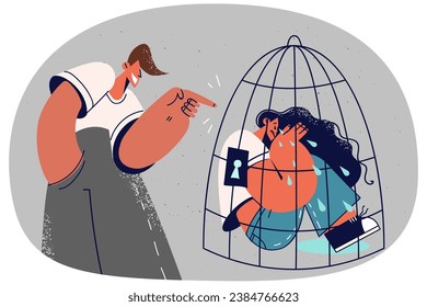 Aggressive man laughing at unhappy woman locked in cage. Unfriendly guy bully harass upset crying girl sitting in imprisonment. Vector illustration.