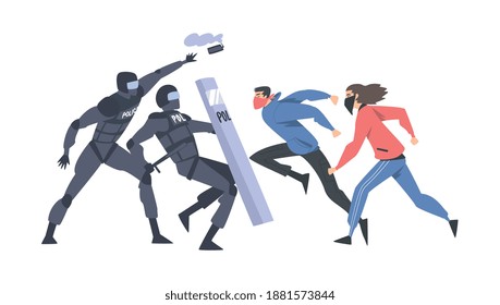 Aggressive Man Rioters Fighting with Armed Police Officers Vector Illustration