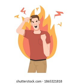 Aggressive man screams, shows gestures of rage, burns with anger, fire behind his back. Vector furious screaming guy, negative emotions of crazy quarreling or stressed man person, violence conflict