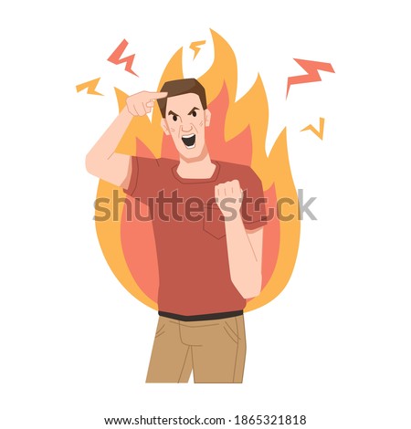 Aggressive man screams, shows gestures of rage, burns with anger, fire behind his back. Vector furious screaming guy, negative emotions of crazy quarreling or stressed man person, violence conflict