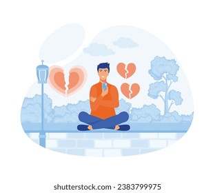 Aggressive man sits cross-legged with a cell phone with broken hearts. Disappointed in love. flat vector modern illustration