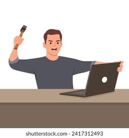 Aggressive man smashes laptop screen with hammer because of intrusive ads that interfere with surfing Internet. Flat vector illustration isolated on white background