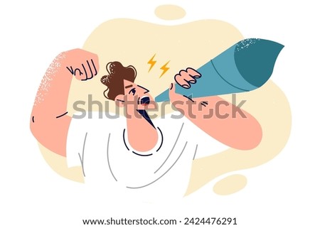 Aggressive man takes part in protest and uses paper instead megaphone to call on people to resist or be nonconformist. Protest against restrictions on freedom and violation democracy or people rights