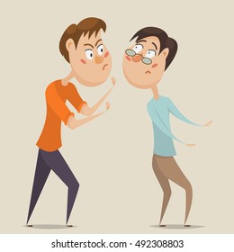 Aggressive man threatening frightened man in anger. Emotional concept of aggression and violence. Cartoon characters. Vector illustration