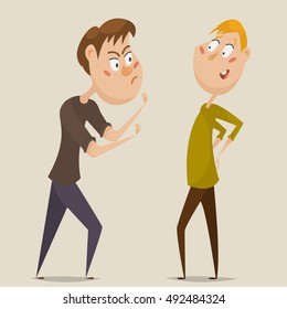 Aggressive man threatening laughing man. Emotional concept of aggression and ignoring. Cartoon characters. Vector illustration