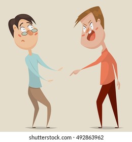 Aggressive man threats and shouts on frightened man in anger. Emotional concept of aggression, tyranny and despotism. Cartoon characters. Vector illustration
