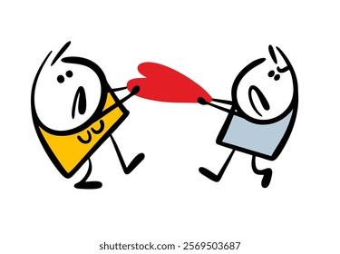 Aggressive man and woman tear the red heart apart. Vector illustration of psychological conflict in a relationship. Cartoon victim of unhappy love.