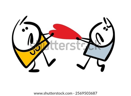 Aggressive man and woman tear the red heart apart. Vector illustration of psychological conflict in a relationship. Cartoon victim of unhappy love.