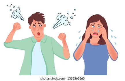 An aggressive man yells at a crying woman. Disappointed husband and wife in the divorce process, unhappy young family. Vector illustration