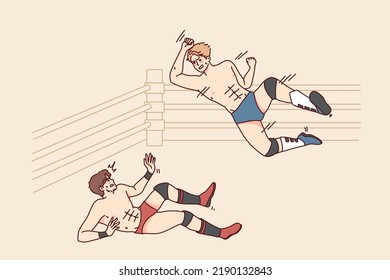 Aggressive men fighting on mma ring. Mad active athletes or sportsmen have no rules fight or battle. Vector illustration. 