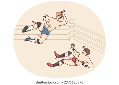 Aggressive men fighting on mma ring. Mad active athletes or sportsmen have no rules fight or battle. Vector illustration.