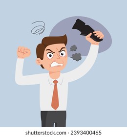 Aggressive men office workers put up a fight with a shoe,illustration vector eps10 cartoon. 