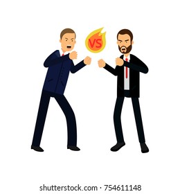 Aggressive men office workers stand in stance and ready to fight. Powerful posing. Fighting partner or colleague. Bad behavior. Cartoon people characters in business suits. Flat vector illustration.