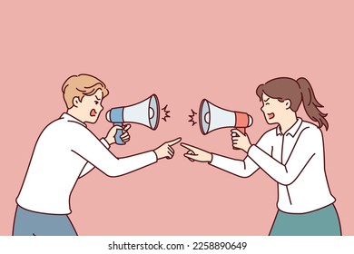 Aggressive men and women with megaphones quarreling and pointing fingers at each other. Guy and girl office employees are screaming trying to find culprit in losses of company