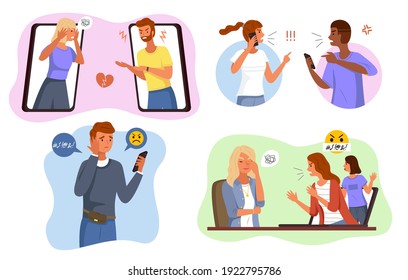 Aggressive Messages. Online Bullying Scenes, Angry People Network Fight And Cyberbullying, Phone Remote Pressure And Threats. Abuse Conversation And Conflict In Social Network Vector Cartoon Concept