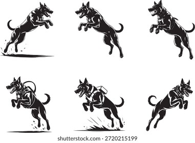 Agresivo perro militar saltando en Diseños de Vector de ataque