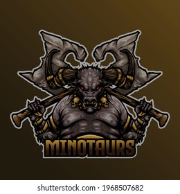 Aggressive Minotaur with Big Axes Mascot Esport Logo Vector Illustration