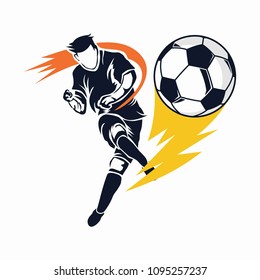 Aggressiver moderner Fußball- oder Fußball-Spieler auf einer Kick-Illustration