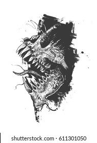 Aggressive Monster Tattoo design, Hand Drawn Sketch Vector illustration. 