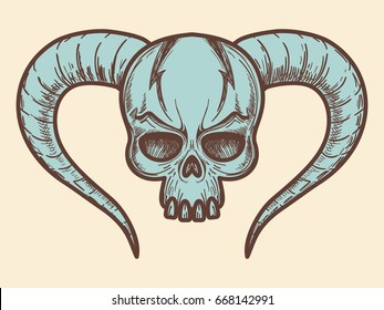 Aggressive monters skull with horns in blue color. Vector illustration