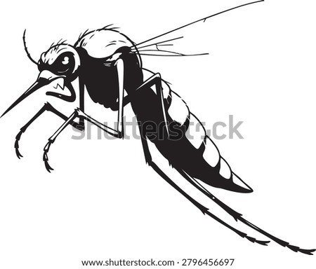 Aggressive mosquito vector graphic illustration displays a sharp insect design with high contrast black and white ink lines that emphasize the dangerous nature of this biting parasite for medical projects.
