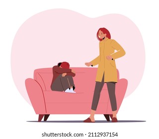 Aggressive Mother Yell on Little Boy Hiding Face Sitting on Sofa in Living Room. Family Characters Parent and Child in Conflict Relations. Son Sit on Coach, Crying. Cartoon People Vector Illustration