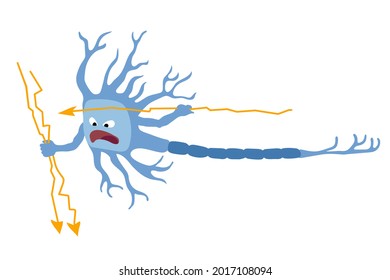 an aggressive neuron with lightning bolts, a brain cell under stress, the concept of a nervous breakdown, color vector illustration isolated on a white background in a cartoon style and a flat design