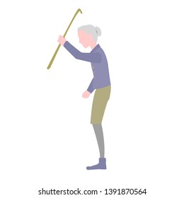 Aggressive old woman in a conflict with someone menacing with walking stick. Profile view. Flat minimalist vector illustration.Isolated on white background.