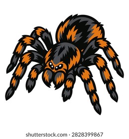 aggressive orange and black tarantula spider in bold flat color mascot illustration isolated on white background