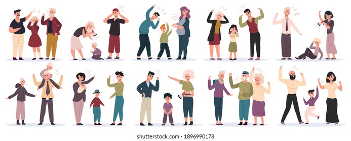 Aggressive parents. Fighting mother and father screaming to children, domestic violence. Family conflicts and aggression vector illustration set. Mom and dad shouting at kids, boy and girl crying