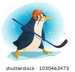 Aggressive penguin ice hockey player, cartoon vector illustration