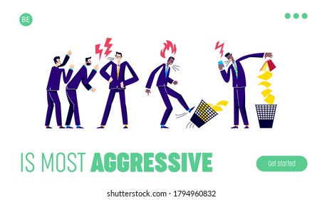 Aggressive people arguing. Landing page design with angry businesspeople characters. Colleagues argument and disagreement. Furious workers fight. Flat vector illustration