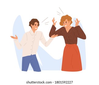 Aggressive People Scream Loud. Angry Colleague Or Family Couple Quarrel. Irritated Wife And Husband Conflict, Scene Of Argue, Relationship Problems. Flat Vector Cartoon Illustration.