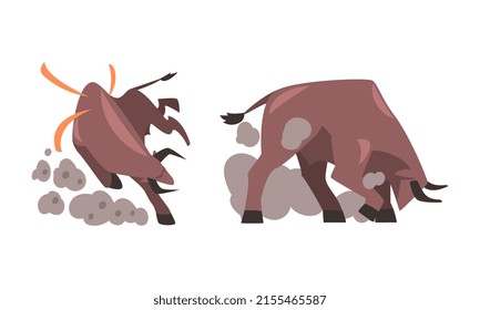 Aggressive powerful bulls set. Aggressive animals attacking cartoon vector illustration