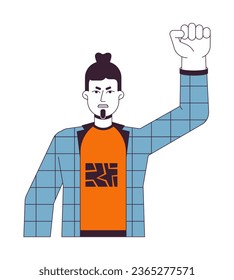 Aggressive protester flat line color vector character. Man clenching fist. Disappointed. Editable outline full body person on white. Simple cartoon spot illustration for web graphic design