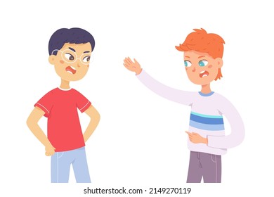 Aggressive quarrel and hate conflict of two angry male friends vector illustration. Cartoon people arguing and pointing, disagreement, bad relationship and fight of shouting men isolated on white