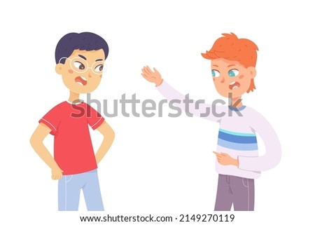 Aggressive quarrel and hate conflict of two angry male friends vector illustration. Cartoon people arguing and pointing, disagreement, bad relationship and fight of shouting men isolated on white