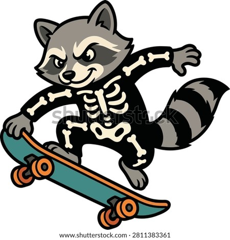 Aggressive raccoon in skeleton costume skating on skateboard.