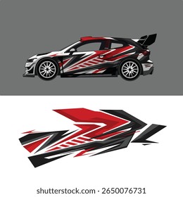 Aggressive racing car decal design with dynamic red, black, and white geometric shapes, ideal for sport car wrap, rally vehicle