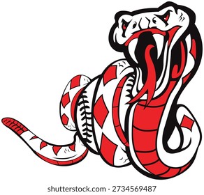 Aggressive Rattlesnake Baseball Mascot Logo  Red and White Diamondback Vector Illustration