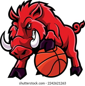 Aggressive Razorback Hog Mascot Playing Basketball