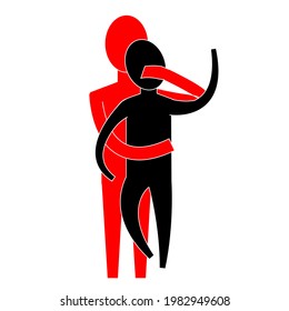 The aggressive red figure holds the black figure by force and covers her mouth with her hand. The scene of violence, abduction, coercion. Infographic style. 