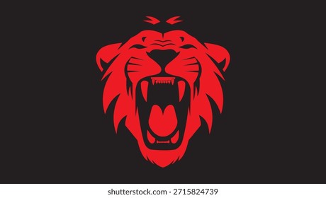 Logotipo agresivo de la cabeza del león rugiente rojo, mascota feroz de la cara del león para el juego y los deportes, Ilustración vectorial potente del depredador